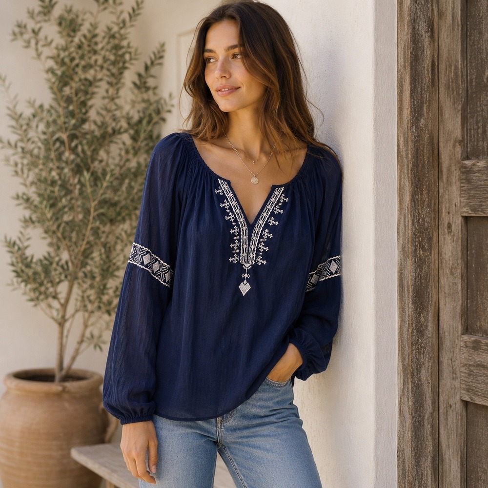 Abercrombie & Fitch Blue Embroidered Long Sleeve Blouse